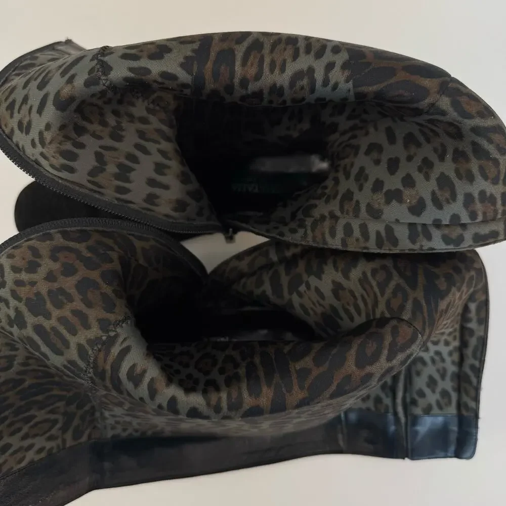 Aquatalia Weatherproof Tall Boots Black Suede Animal Print Block Heel Size 8.5